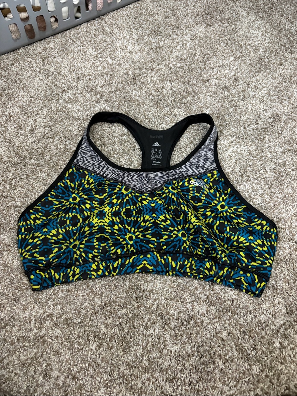 adidas Multicolor High-Neck Racerback Sports Bra in Blue & Yellow Pattern